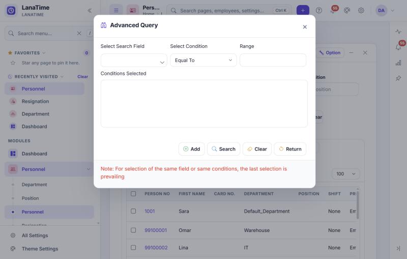 Advanced Query dialog with search field, condition and range