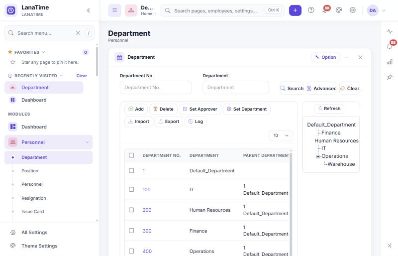 Department list with toolbar and department tree