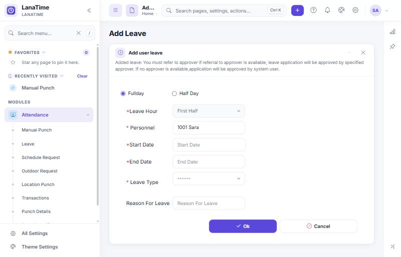 Employee Add Leave form