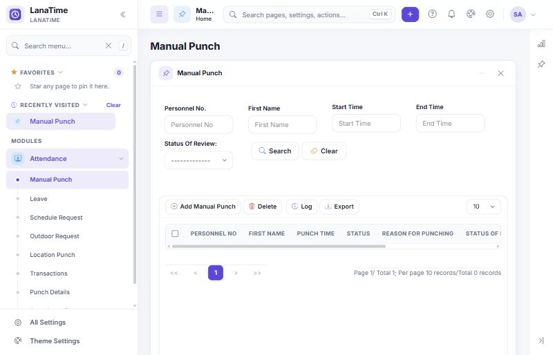 Employee Manual Punch page with filters and Add Manual Punch