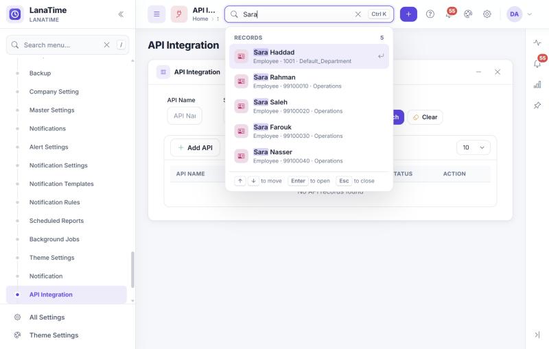 Global search showing employee records that match the name Sara