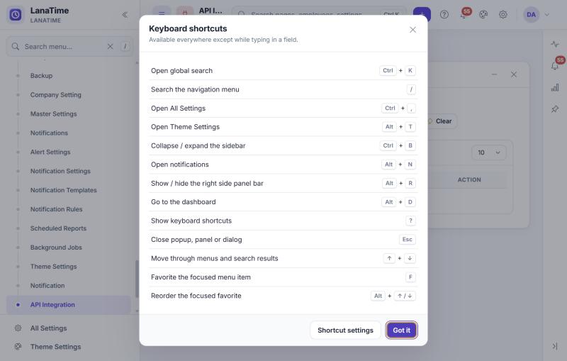 Keyboard shortcuts dialog inside LanaTime