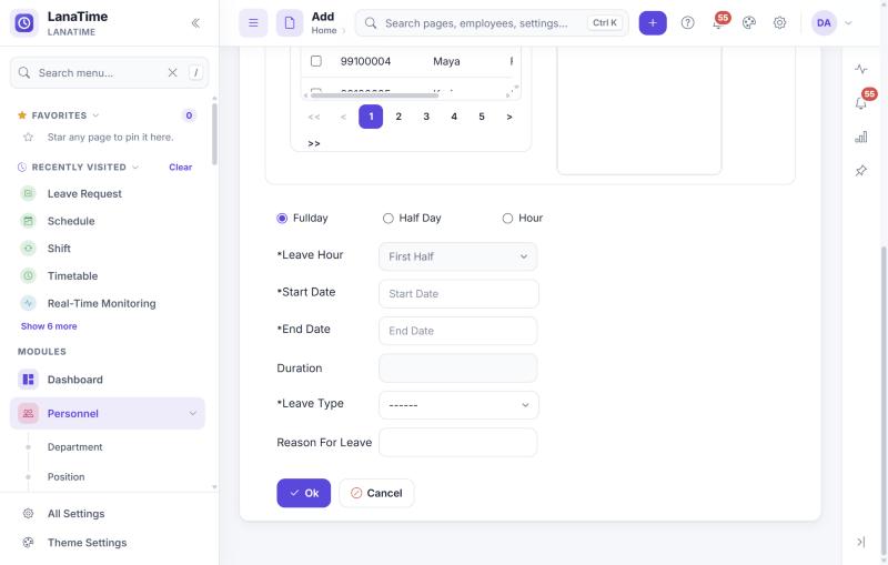 Add Leave form: Fullday, Half Day or Hour, dates, leave type and reason