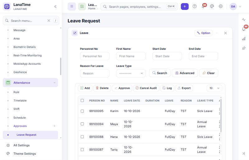 Leave Request approval list with toolbar Add, Delete, Approve, Cancel Audit, Log, Export
