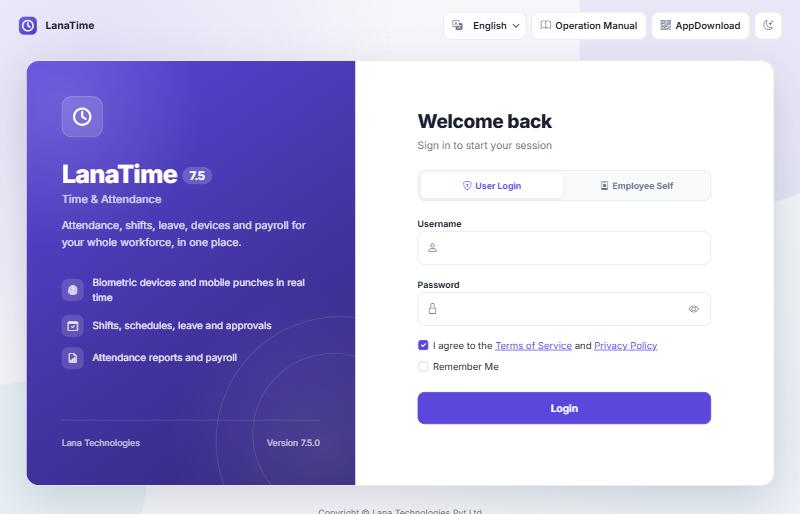 LanaTime sign-in page with the User Login tab selected