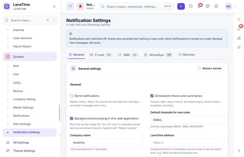 Notification Settings, General tab, with the notice that notifications are switched off
