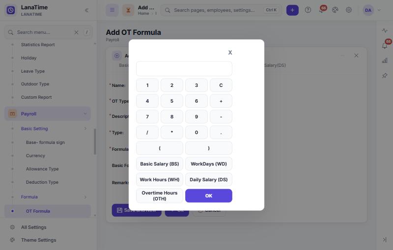 Formula calculator with number keys and sign buttons