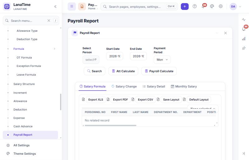 Payroll Report with person, dates, payment period, calculate buttons and tabs