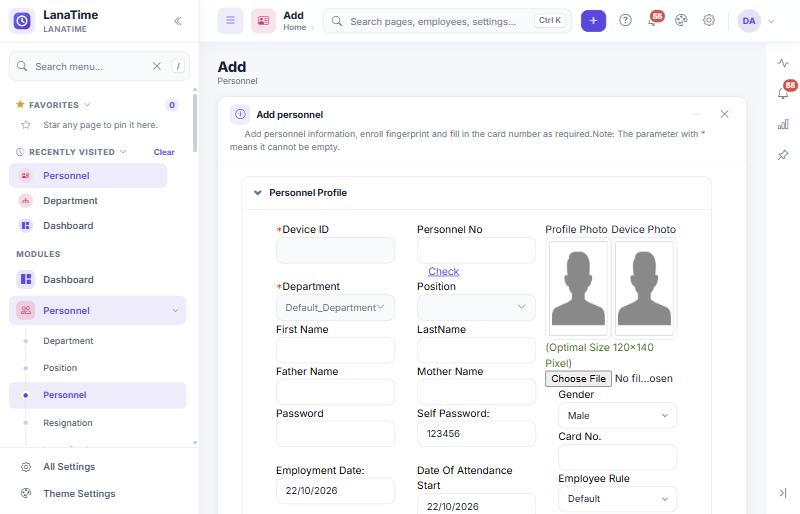 Add personnel form, Personnel Profile section