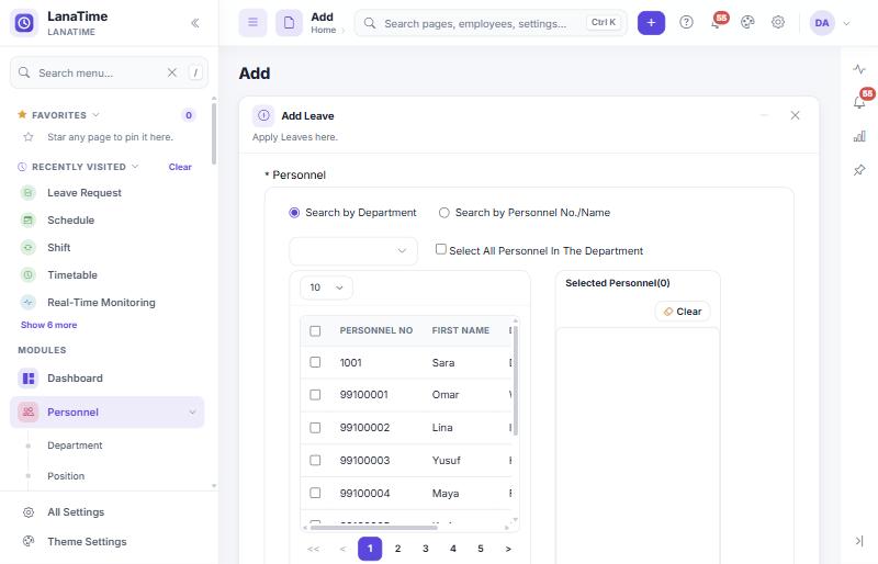 Personnel chooser with search options, department field, employee grid and Selected Personnel