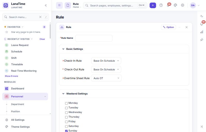 Rule page with Basic Settings and Weekend Settings open