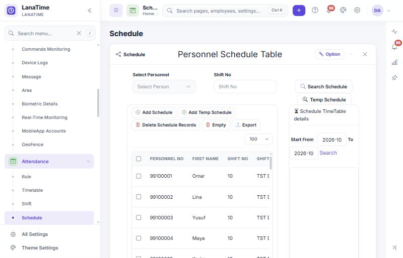 Schedule list with shift per employee and the timetable details panel