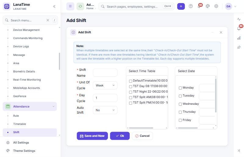 Add Shift form with timetable list and days