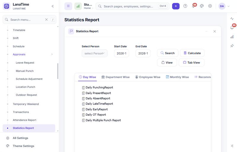 Statistics Report with the report groups Day Wise, Department Wise, Employee Wise, Monthly Wise and Recommended