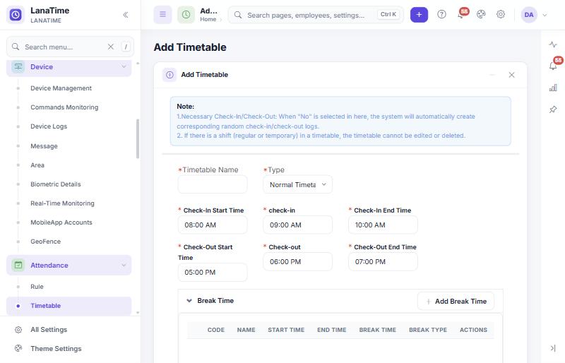 Add Timetable form with check-in and check-out windows
