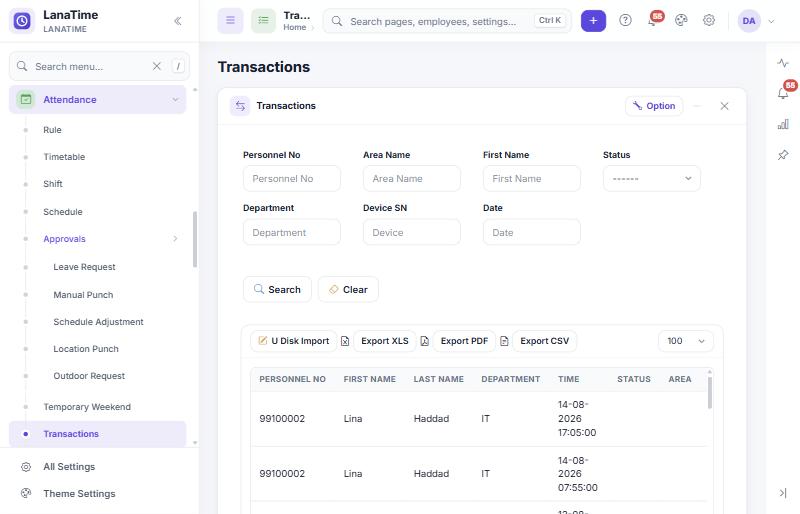 Transactions list with filters and export buttons