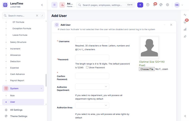 Add User form, upper part