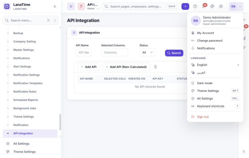 The user menu open, showing account, password, language, theme and sign out
